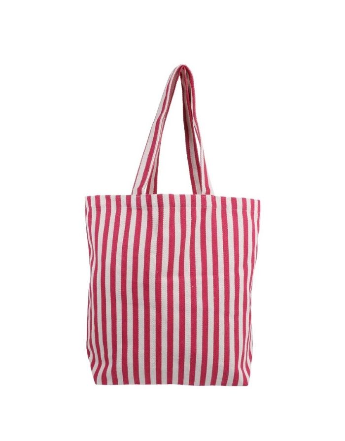  Baumwollbeutel von Kado Design mit Streifenmuster in Natur und Pink aus robuster Herringbone-Baumwolle.