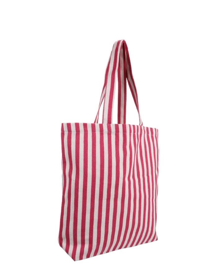  Baumwollbeutel von Kado Design mit Streifenmuster in Natur und Pink aus robuster Herringbone-Baumwolle.