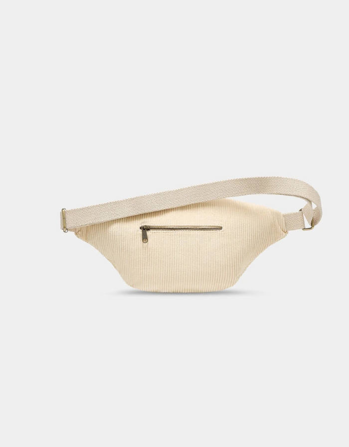 Hindbag Fanny Pack Sofia XL in Kord Beige aus GOTS-zertifizierter Bio-Baumwolle mit zwei Reißverschluss-Außentaschen und verstellbarem Schultergurt. Rückseite