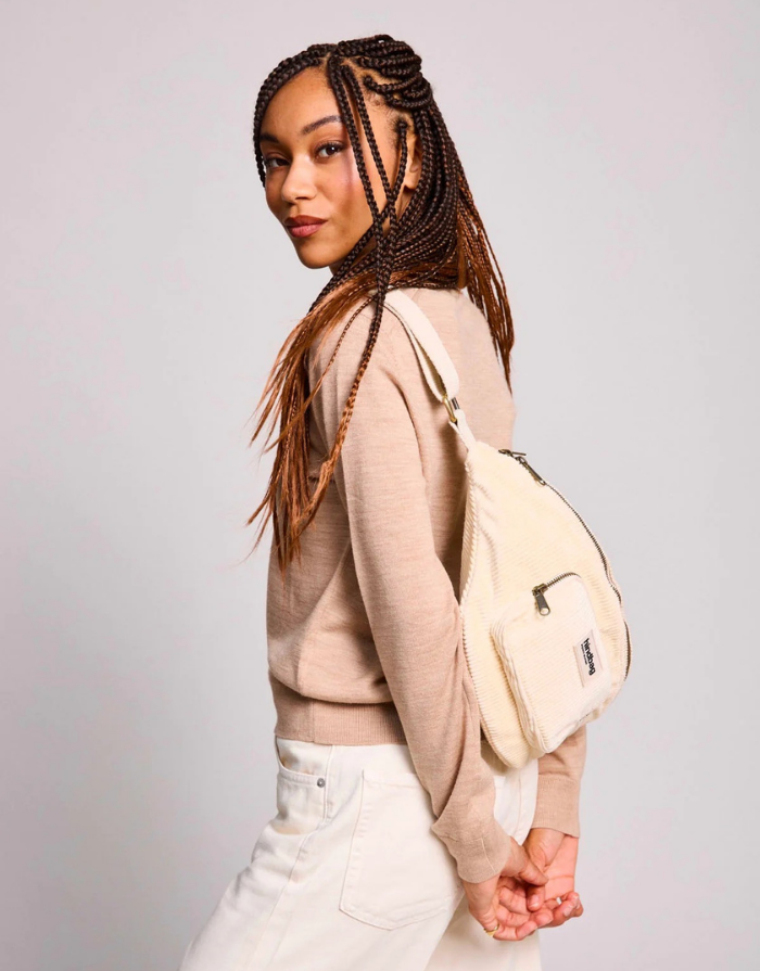 Hindbag Fanny Pack Sofia XL in Kord Beige aus GOTS-zertifizierter Bio-Baumwolle mit zwei Reißverschluss-Außentaschen und verstellbarem Schultergurt