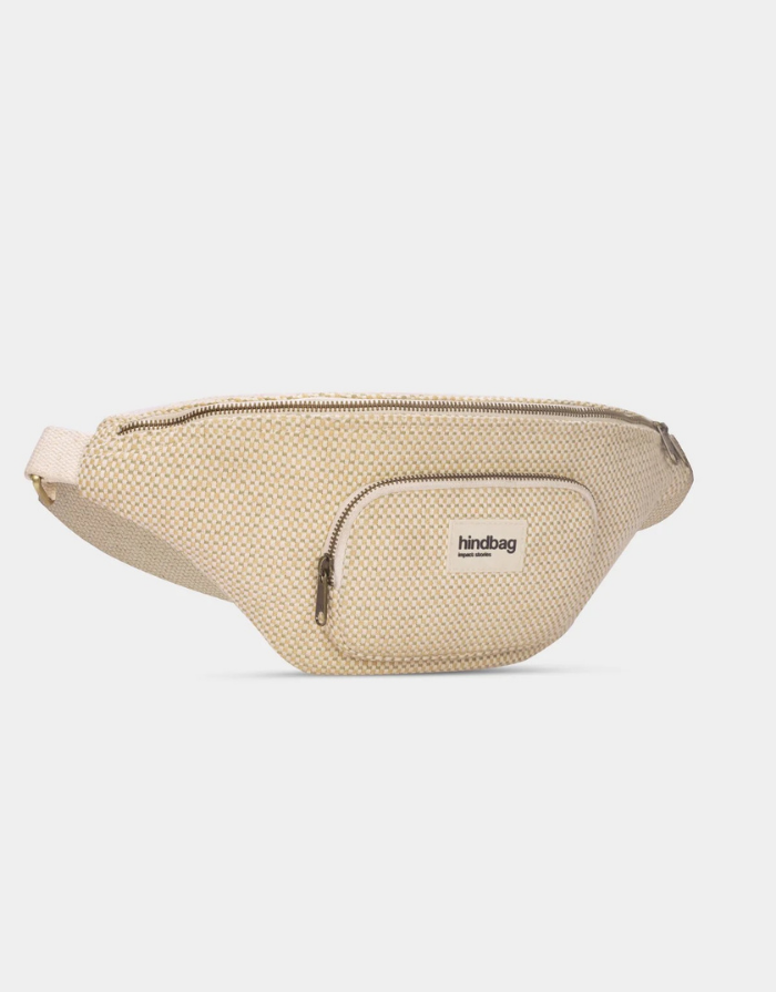 Hindbag Fanny Pack Sofia XL in Naturweiß Geflecht aus GOTS-zertifizierter Bio-Baumwolle mit zwei Reißverschluss-Außentaschen und verstellbarem Schultergurt