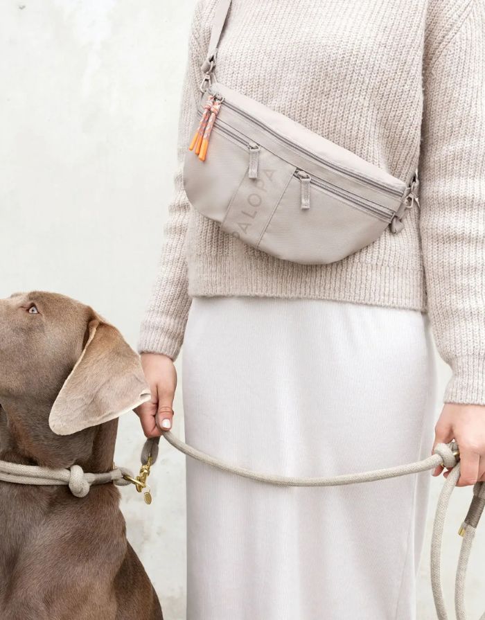 Leckerlibeutel Emma in Taupe – vielseitige Bauchtasche für Hundebesitzer:innen mit Leckerlifach, Kotbeutelspender und Reißverschlussfach. Wasserabweisend, pflegeleicht und nachhaltig gefertigt aus recyceltem Polyester.