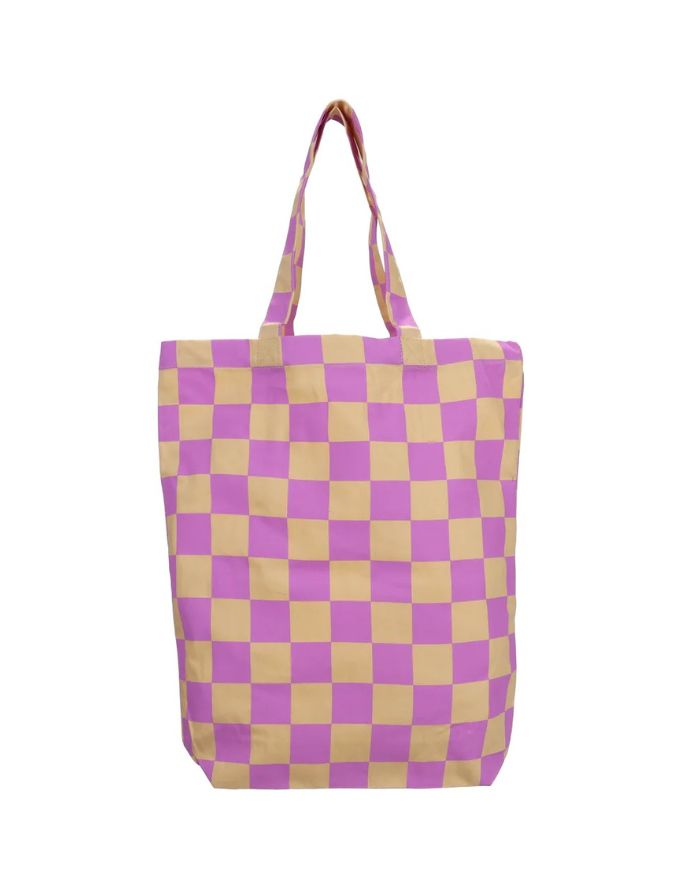 Baumwolle Einkaufsbeutel von Kado Design mit Schachbrett Muster in Beige und Violett als Freisteller von vorne