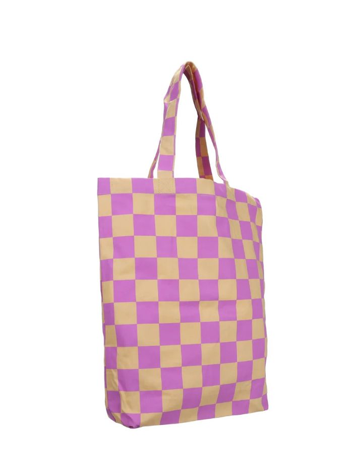 Baumwolle Einkaufsbeutel von Kado Design mit Schachbrett Muster in Beige und Violett als Freisteller von der Seite