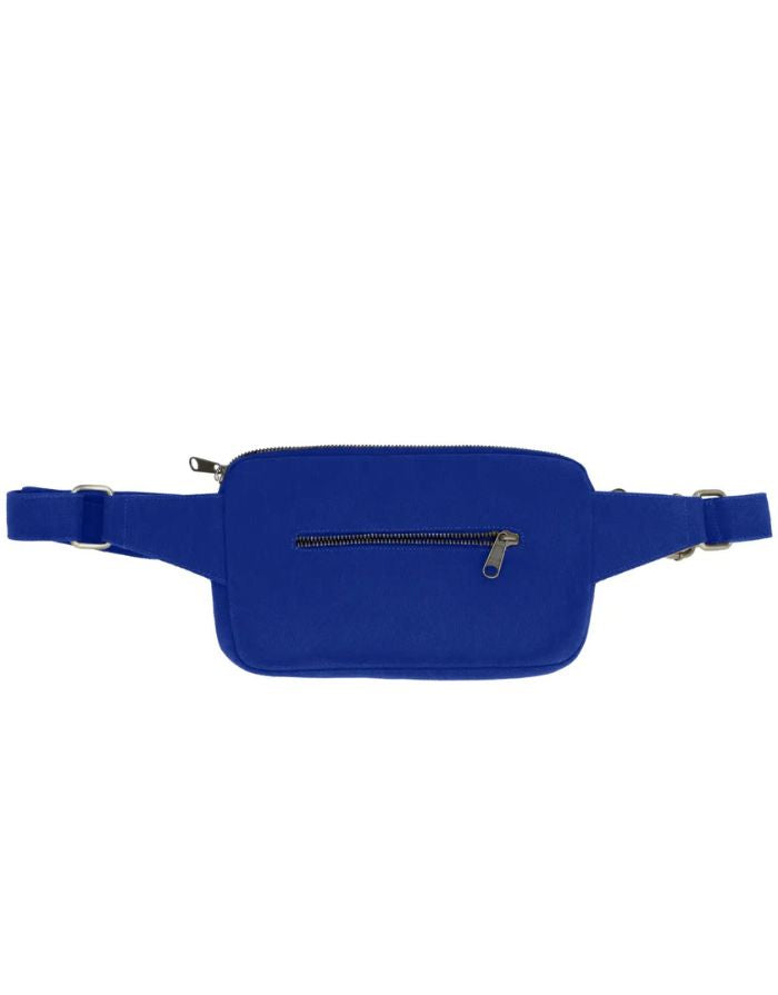 Fanny Pack Harry von Hindbag in Electric Blue, aus GOTS-zertifizierter Bio-Baumwolle, rechteckig mit zwei Reißverschlusstaschen und verstellbarem Gurt.