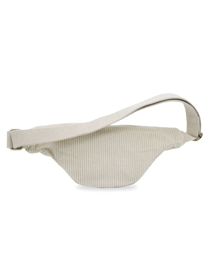 Hindbag Gürteltasche Olivia aus cremefarbenem Cord, nachhaltiger Bio-Cord, Doppelreißverschluss, verstellbarer Schultergurt.