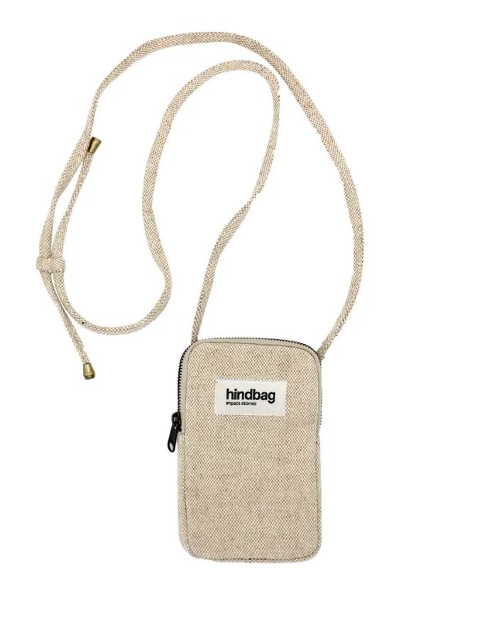 Handy-Umhängetasche Bill von Hindbag in Leinen Beige, aus Baumwoll-Leinen-Mischung mit verstellbarem Gurt, gepolstertem Innenfutter und Kartenfach hinten.