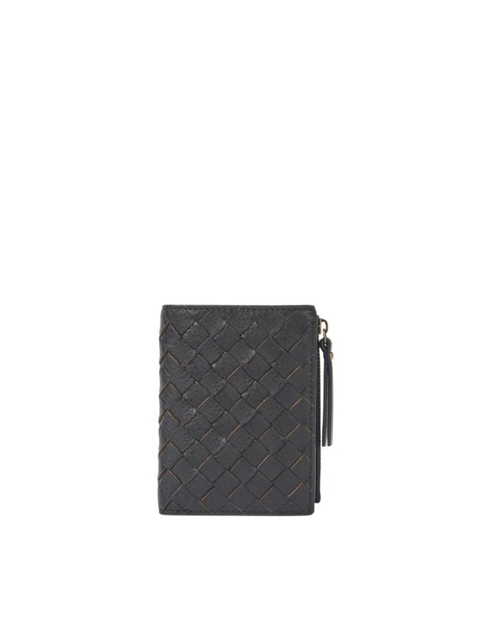 Kompakte Leder-Geldbörse Jamie Wallet von O My Bag in der Farbe Black mit Druckknopfverschluss, Kartenfächern und Münzfach mit Reißverschluss.