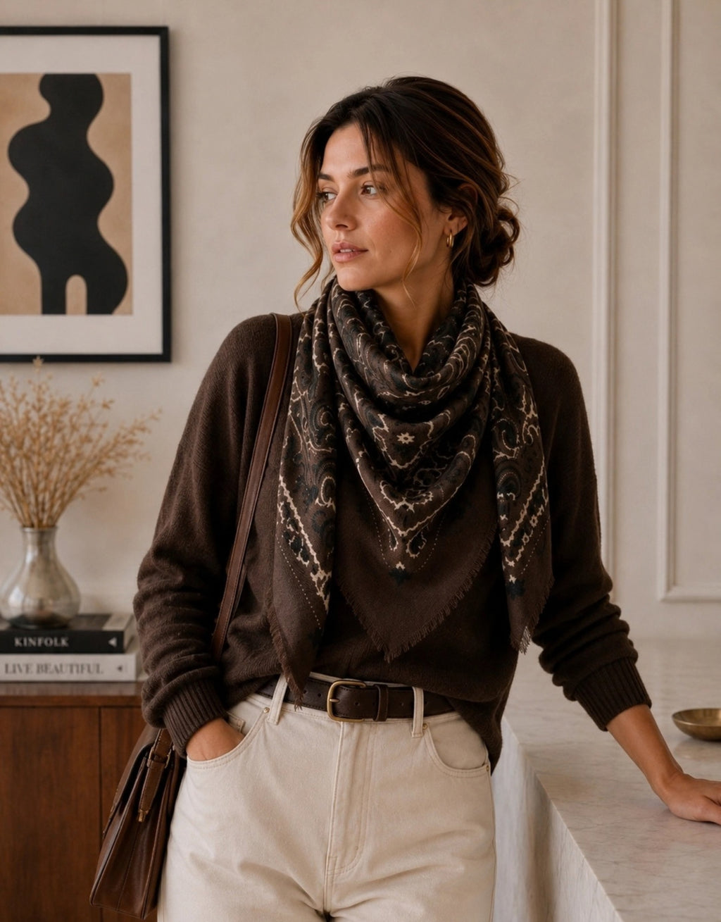 Großes Halstuch in Braun mit Muster von Lineta am Model