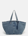 Les Visionnaires Alba Denim Shopper Tasche groß aus Baumwolle mit Wascheffekt, blaue Schultertasche mit Reißverschluss und breitem Riemen