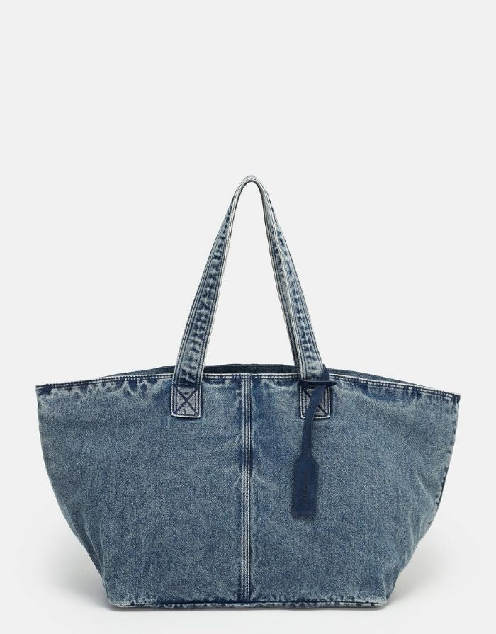 Les Visionnaires Alba Denim Shopper Tasche groß aus Baumwolle mit Wascheffekt, blaue Schultertasche mit Reißverschluss und breitem Riemen
