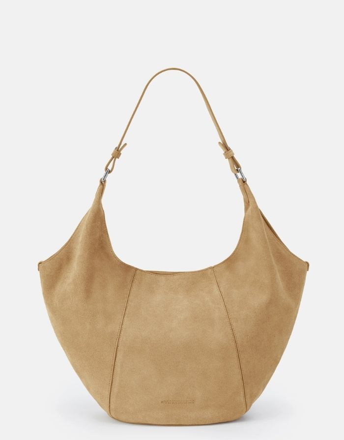 Les Visionnaires Amelie Icon Cozy Shopper aus Wildleder, große tulpenförmige Tasche mit Reißverschluss und gepolstertem Schultergurt