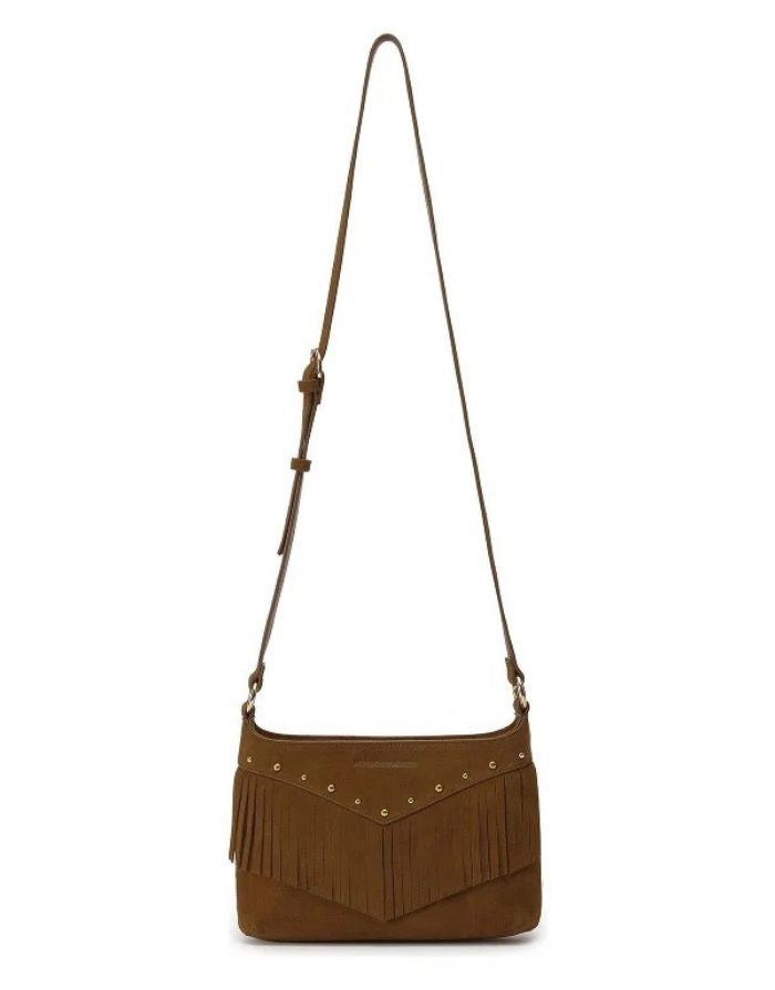 Les Visionnaires Jane Cozy Boho Cognac Umhängetasche aus Wildleder mit Fransen und Nieten, braune Boho Tasche mit Reißverschluss und Schultergurt