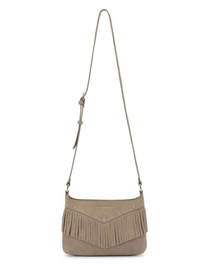 Les Visionnaires Jane Cozy Boho Umhängetasche Mushroom aus Wildleder mit Fransen und Nieten, braune Boho Tasche mit Reißverschluss und Schultergurt