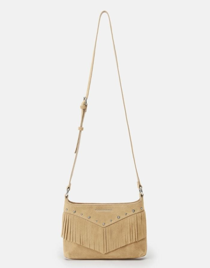 Les Visionnaires Jane Cozy Boho Soft Tan Umhängetasche aus Wildleder mit Fransen und Nieten, braune Boho Tasche mit Reißverschluss und Schultergurt