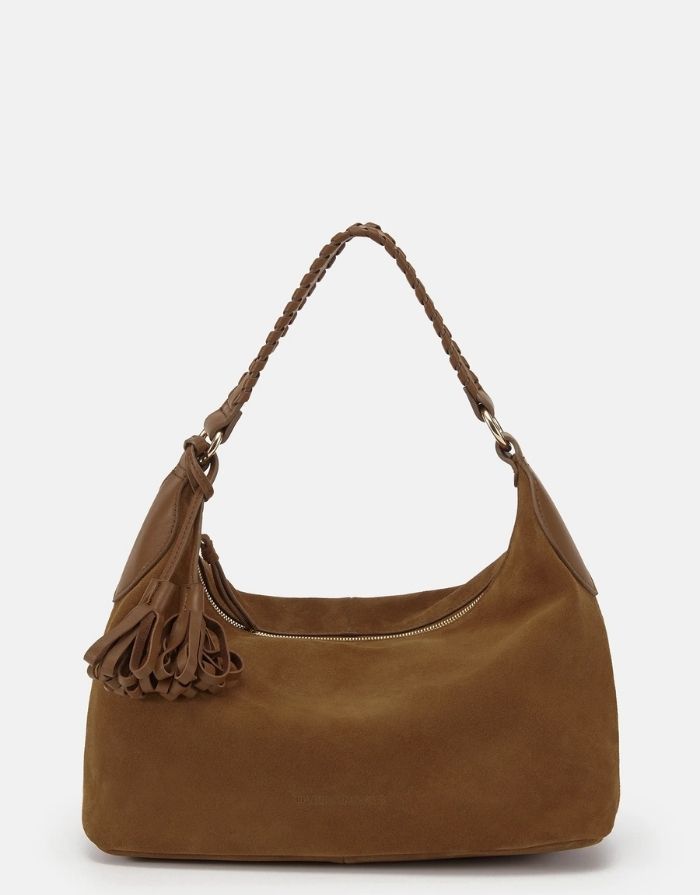 Les Visionnaires Leonie Cozy Boho Tasche Cognac aus Wildleder, Schultertasche mit Quastenanhänger und Reißverschluss in Boho Stil
