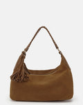 Les Visionnaires Leonie Cozy Boho Tasche Cognac aus Wildleder, Schultertasche mit Quastenanhänger und Reißverschluss in Boho Stil