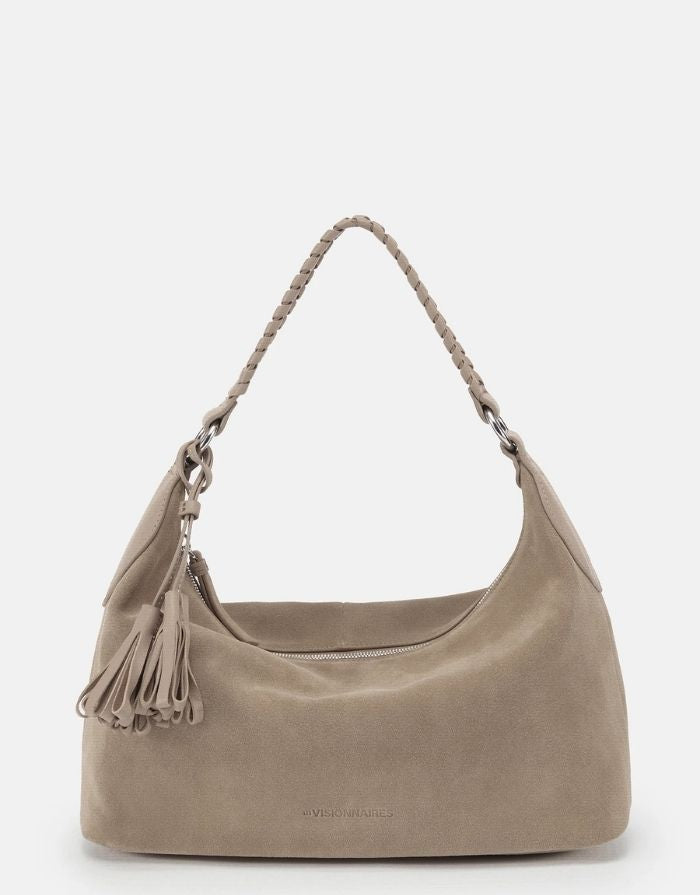 Les Visionnaires Leonie Cozy Boho Tasche Mushroom aus Wildleder, Schultertasche mit Quastenanhänger und Reißverschluss in Boho Stil