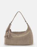 Les Visionnaires Leonie Cozy Boho Tasche Mushroom aus Wildleder, Schultertasche mit Quastenanhänger und Reißverschluss in Boho Stil