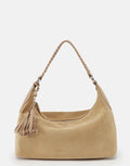 Les Visionnaires Leonie Cozy Boho Tasche Soft Tan aus Wildleder, Schultertasche mit Quastenanhänger und Reißverschluss in Boho Stil