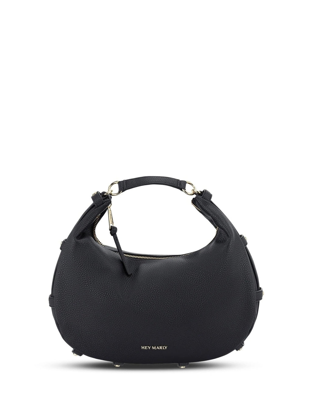 Schwarze Hey Marly Lifetime Sister M Umhängetasche mit flexibler Banana-Bag-Form, matt-goldfarbenen Details und verstellbarem Crossbody Strap mit kurzem Strap von vorne 