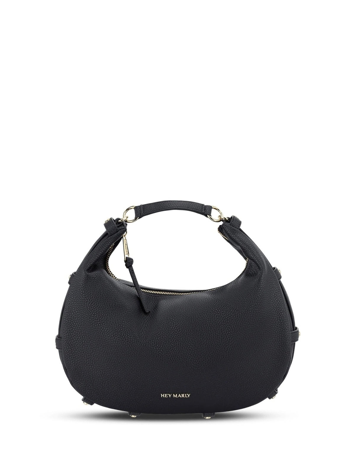 Schwarze Hey Marly Lifetime Sister M Umhängetasche mit flexibler Banana-Bag-Form, matt-goldfarbenen Details und verstellbarem Crossbody Strap mit kurzem Strap von vorne 