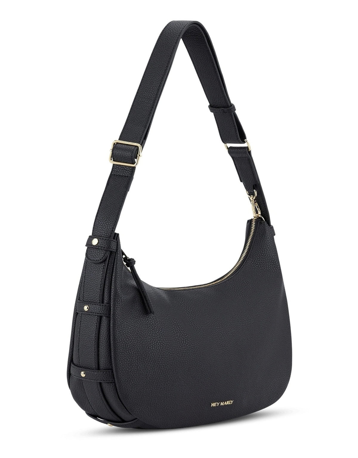 Schwarze Hey Marly Lifetime Sister M Umhängetasche mit flexibler Banana-Bag-Form, matt-goldfarbenen Details und verstellbarem Crossbody Strap von der Seite