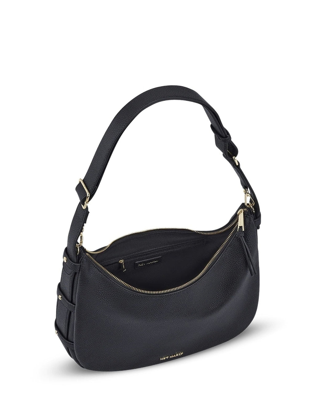 Schwarze Hey Marly Lifetime Sister M Umhängetasche mit flexibler Banana-Bag-Form, matt-goldfarbenen Details und verstellbarem Crossbody Strap von innen