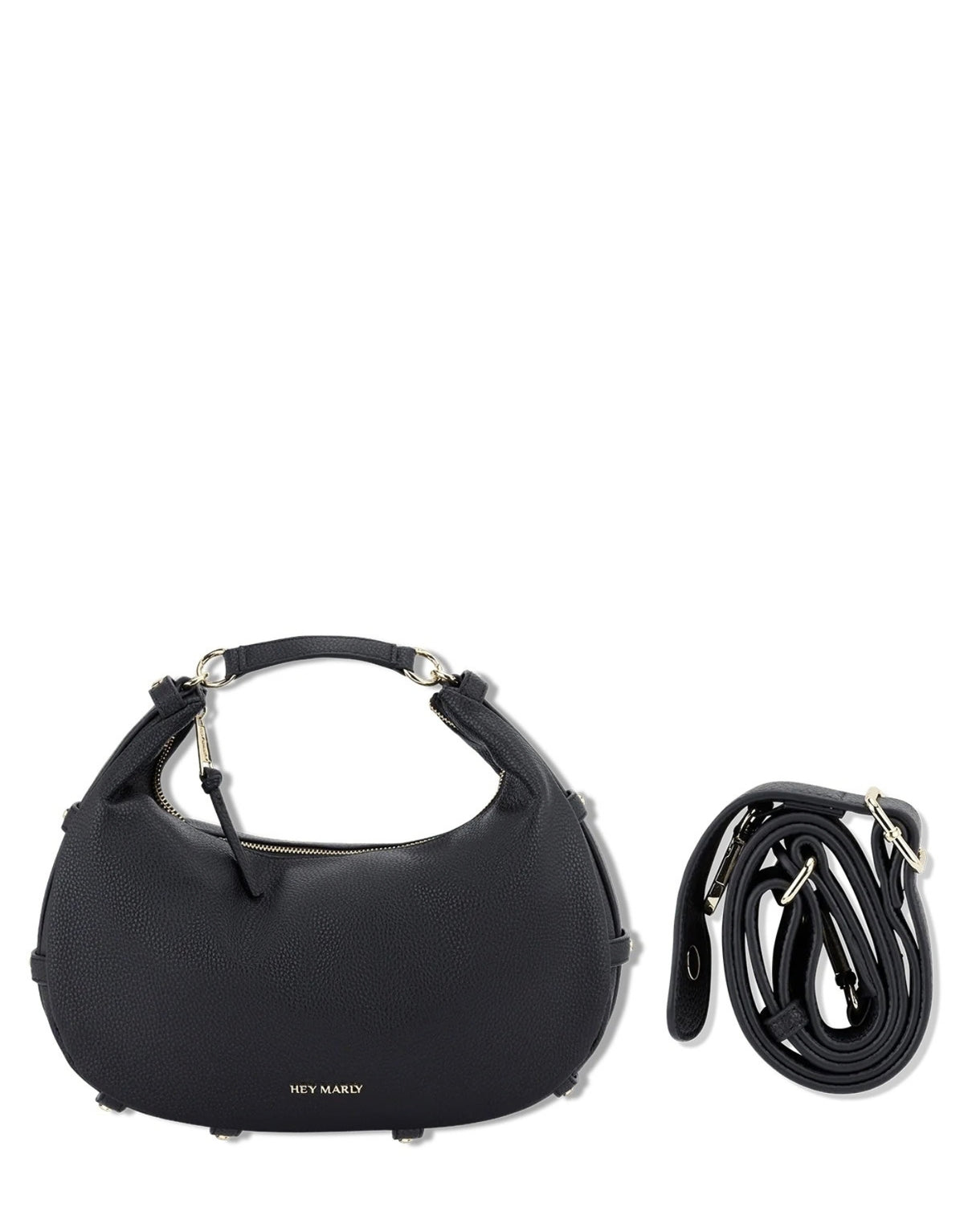 Schwarze Hey Marly Lifetime Sister M Umhängetasche mit flexibler Banana-Bag-Form, matt-goldfarbenen Details und verstellbarem Crossbody Strap mit Ersatzstrap