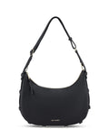 Schwarze Hey Marly Lifetime Sister M Umhängetasche mit flexibler Banana-Bag-Form, matt-goldfarbenen Details und verstellbarem Crossbody Strap von vorne