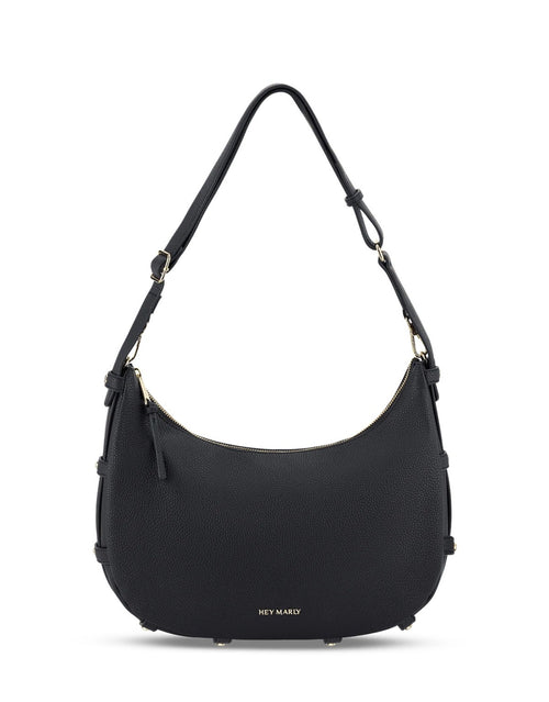 Schwarze Hey Marly Lifetime Sister M Umhängetasche mit flexibler Banana-Bag-Form, matt-goldfarbenen Details und verstellbarem Crossbody Strap von vorne
