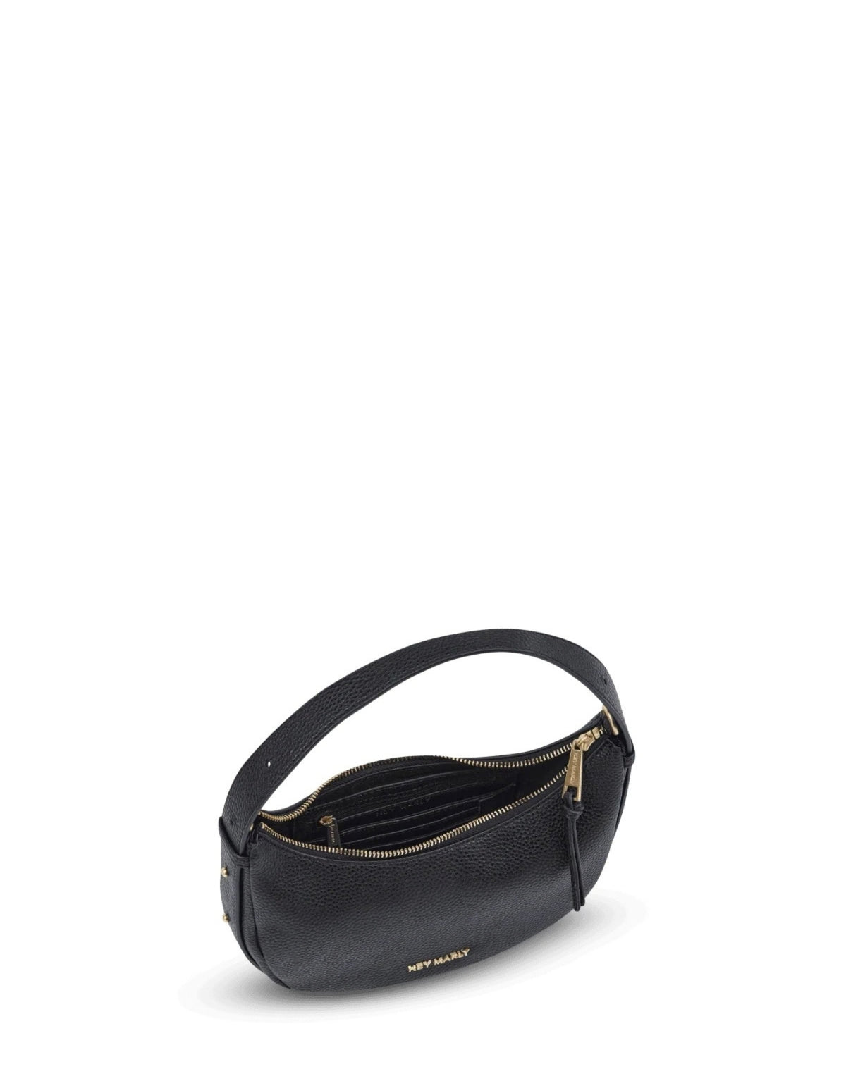 Schwarze Hey Marly Lifetime Sister S Umhängetasche in kompakter Banana-Bag-Form mit goldfarbenen Details und verstellbarem Schultergurt von innen 