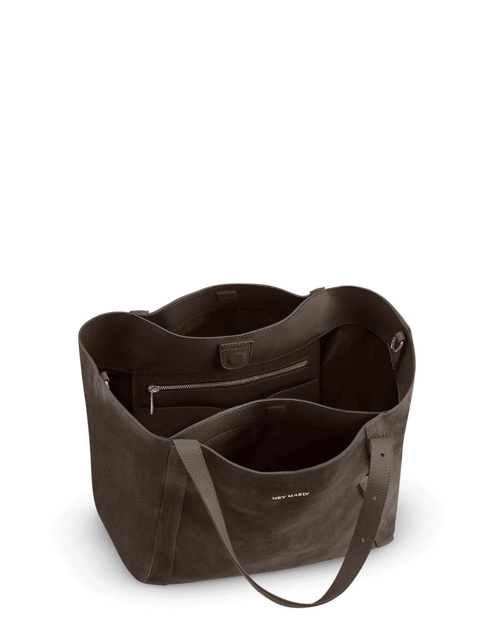 Große Hey Marly Pretty Wonder Suede L Tasche in Chocolate aus braunem Veloursleder mit eleganter Trapezform und langen Henkeln von oben, innen