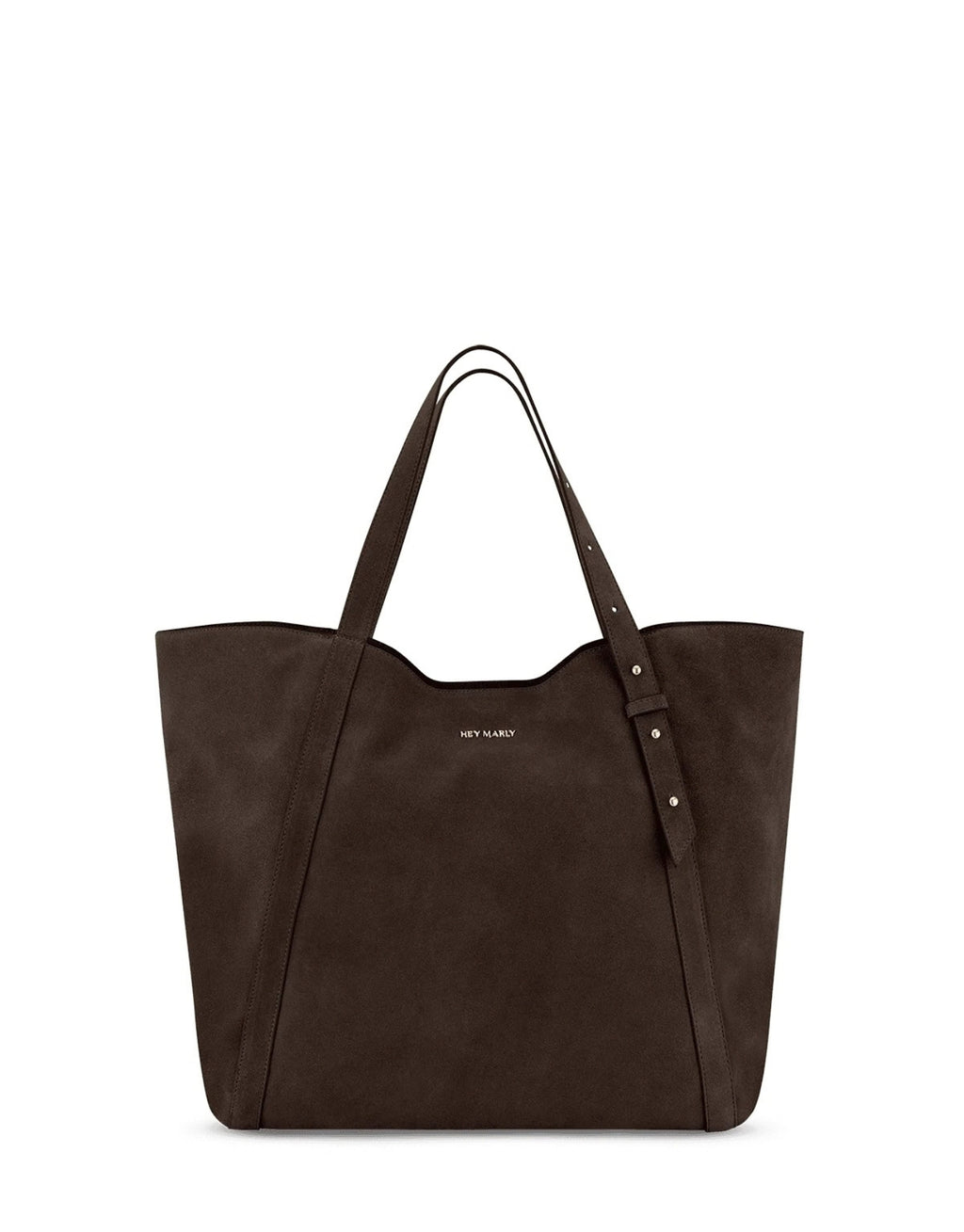 Große Hey Marly Pretty Wonder Suede L Tasche in Chocolate aus braunem Veloursleder mit eleganter Trapezform und langen Henkeln von vorne