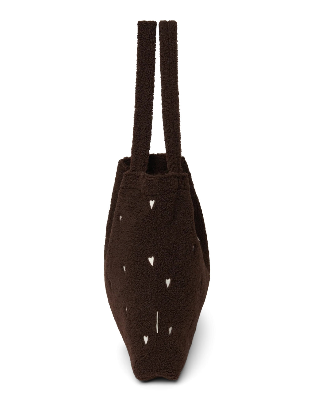 Schokoladenbraune Mom Bag Chocolate Teddy Hearts von Studio Noos aus weichem Teddy-Material mit gestickten Herzen und langen Tragehenkeln.