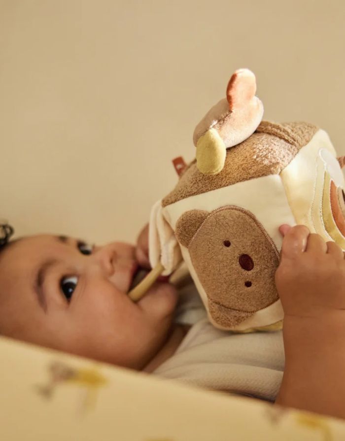 Jollein Aktivitäten Würfel Kangaroots mit Spiegel, Tiermotiven und verschiedenen Spielelementen für Babys.