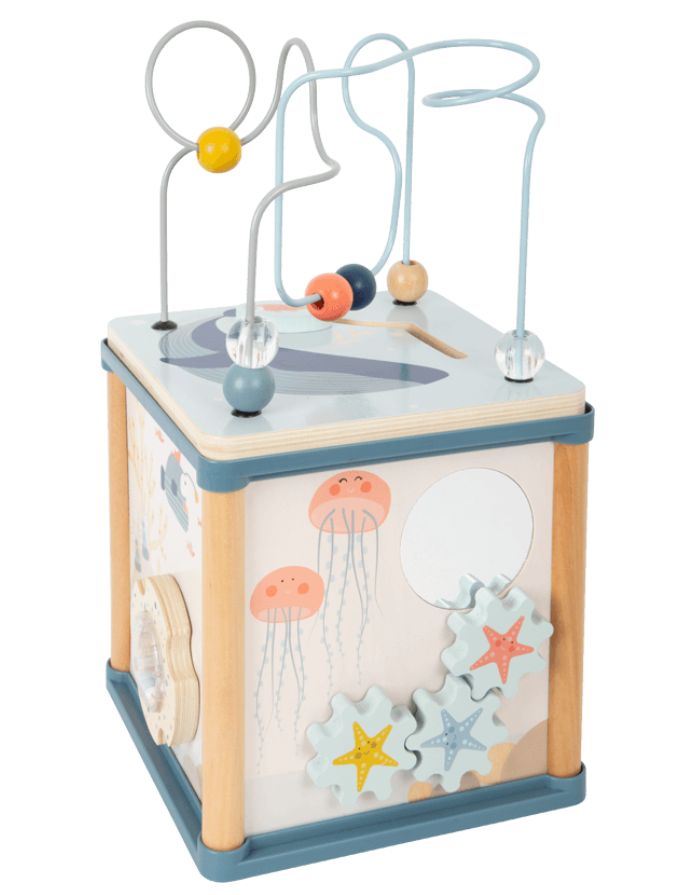 Motorikwürfel Unterwasserwelt aus Holz von small foot mit Motorikschleife, Formsteckspiel, Schiebelabyrinth, Zahnrädern, Rassel und Angelspiel in maritimem Design mit Oktopus und Meeresmotiven