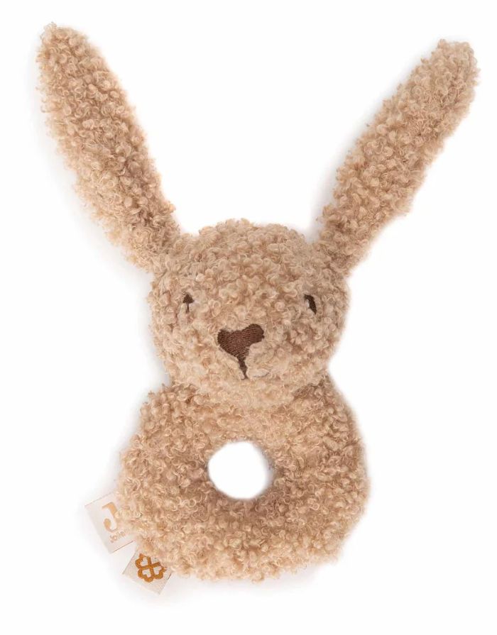 Jollein Rassel Bunny Riverside aus weichem Bouclé-Stoff in Biscuit mit Häschen-Design.