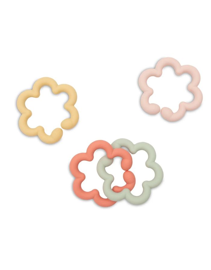 Jollein Silikon-Spielringe Flowers als Beißhilfe und Greifspielzeug für Babys.