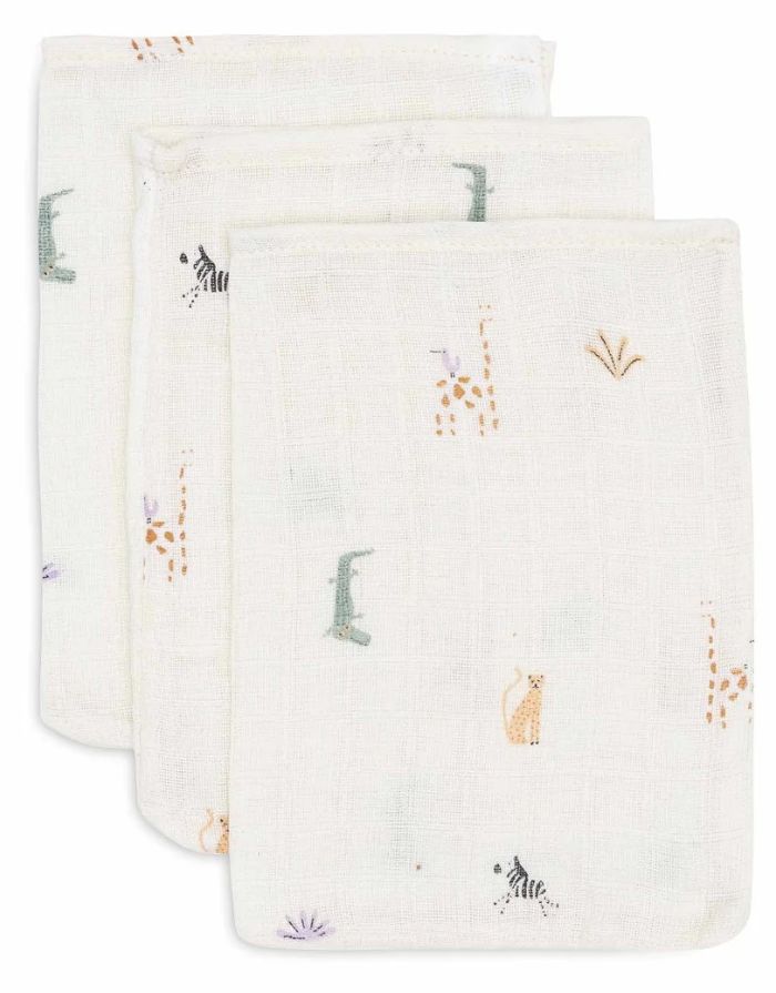 Jollein Waschlappen 3er Set Jungle Jambo aus weicher Baumwolle mit bunten Tiermotiven.