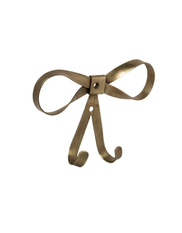 Strömshaga Wandhaken Schleife aus Eisen in antikem Messing mit zwei Haken, 13,5 x 9,5 cm.