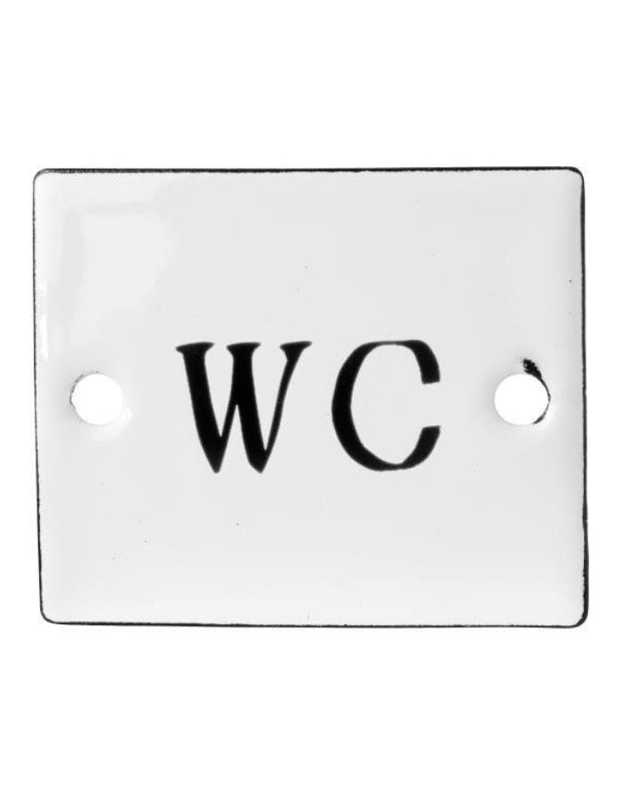Weißes Schild aus Emaille mit der Aufschrift WC