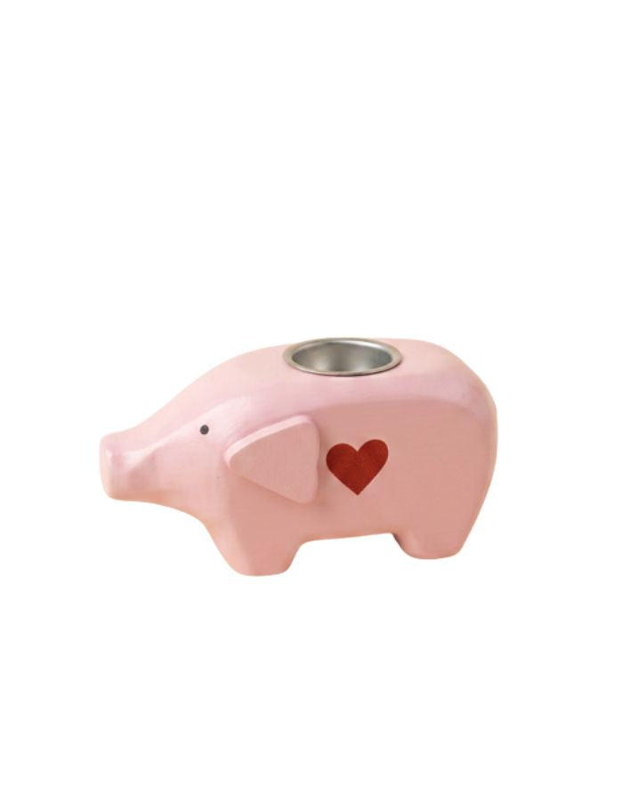 Rosa Kerzenhalter in Schweinchenform mit rotem Herz für Mini-Stabkerzen von Madleys.