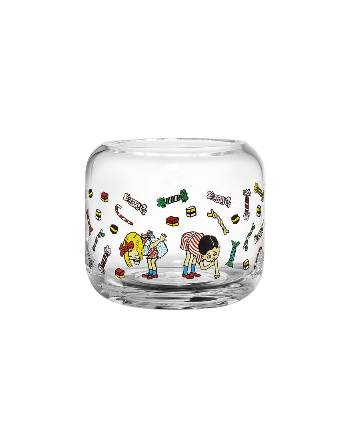 Kerzenhalter Pippi Langstrumpf Candy aus Glas von Muurla, rund, Ø 9 cm, H 8 cm, farbenfrohes Pippi-Design, ideal für Teelichter.