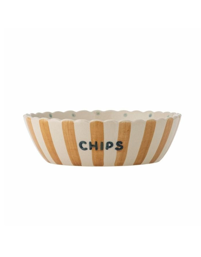  Bloomingville Chips Schale bunt aus Steingut mit handbemalten Streifen, Punkten und gewelltem Rand.