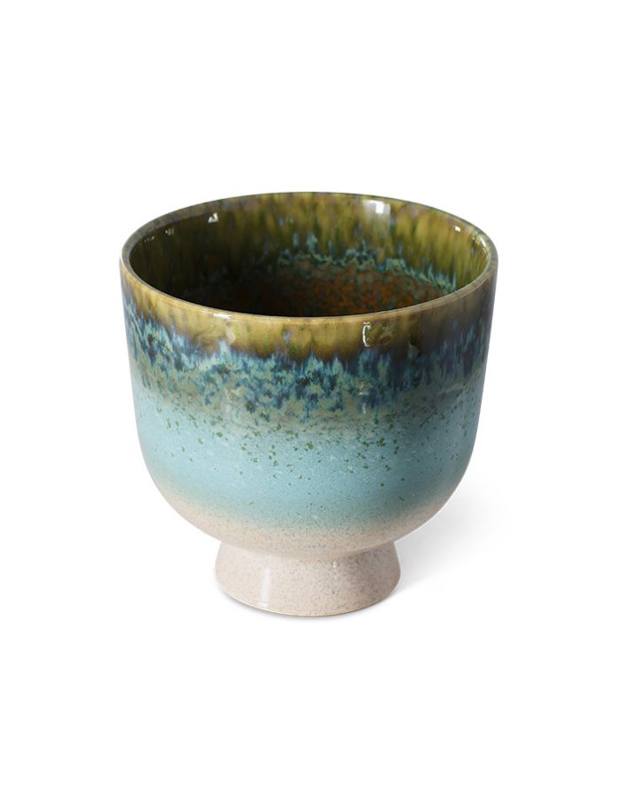 Eisblauer Übertopf Retro Lagoon von HKliving aus glasiertem Steinzeug mit reaktiver Glasur, 20,5×20,5×20 cm – Unikat für kleine bis mittelgroße Zimmerpflanzen.