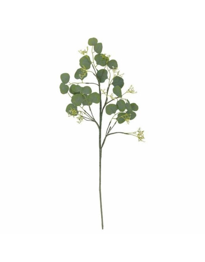 Bloomingville künstlicher Eukalyptus-Stiel in Grün mit gelben Knospen, 82 cm hoch, dekorativer Kunstzweig für Vasen und Arrangements
