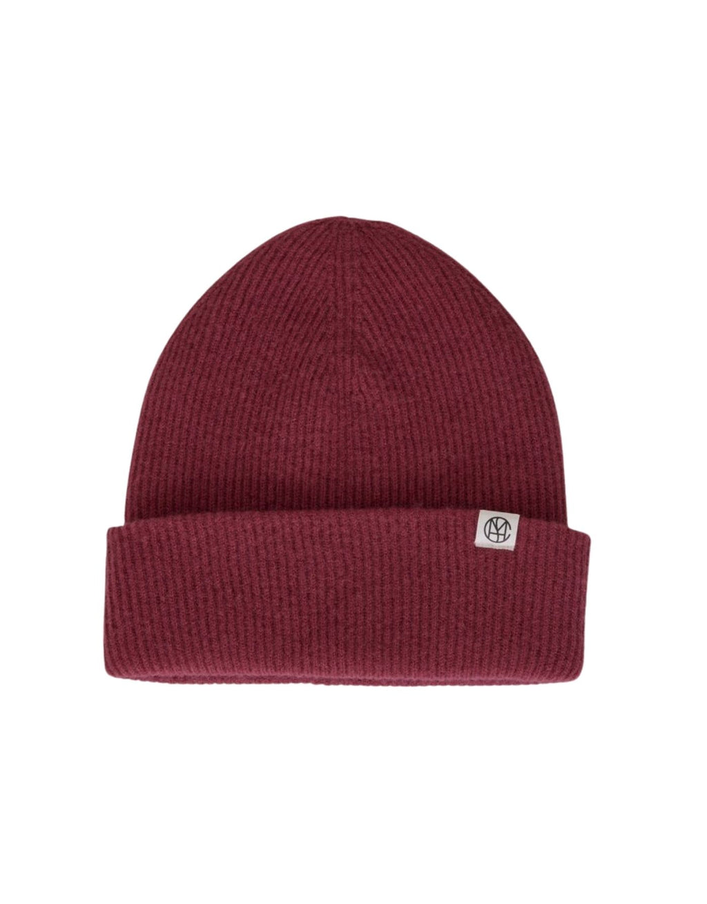 Weinrote Beanie Lowee Icon von MSCH Copenhagen in Rhododendron aus 100 % RWS-zertifizierter Merinowolle mit Umschlag und dezentem MSCH-Logo.