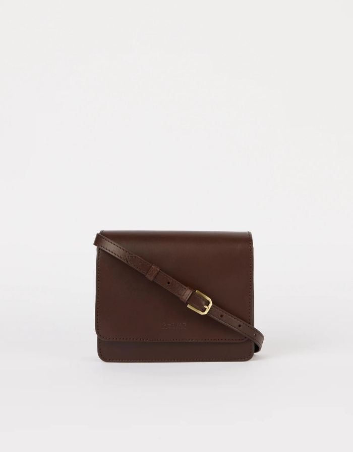 O MY BAG Audrey Mini Classic Leather Chocolate – kleine Ledertasche mit zwei Tragegurten und Magnetverschluss.