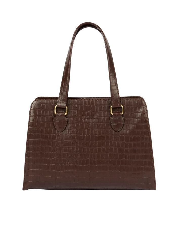 O MY BAG Blair Croco Large Chocolate – elegante Croco-Ledertasche mit Laptopfach und Crossbody-Riemen.